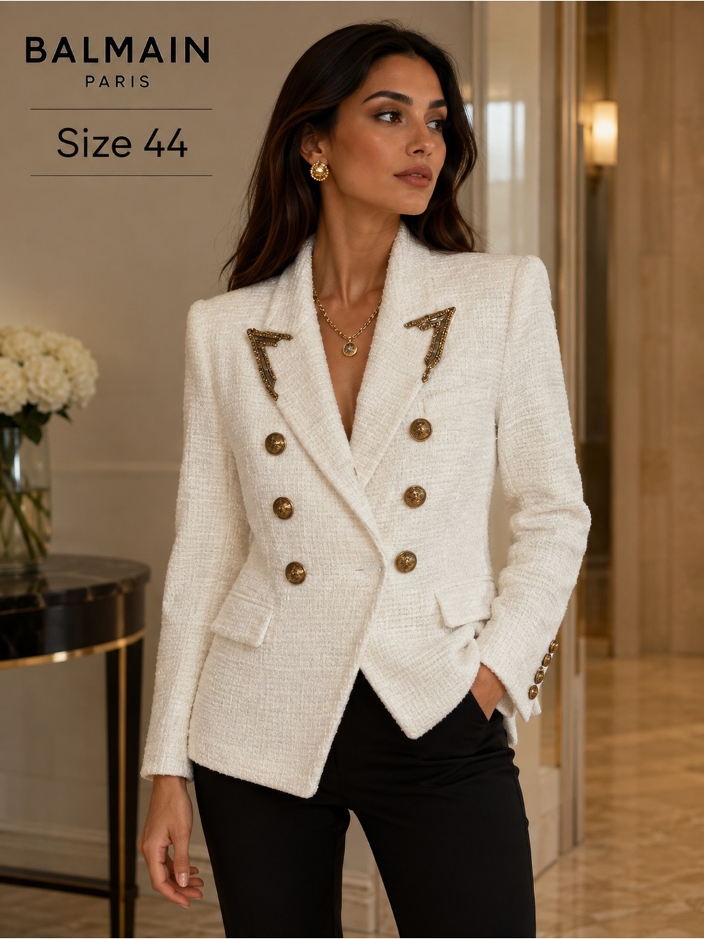Balmain Cream Double-Breasted Tweed Blazer with Gold Buttons